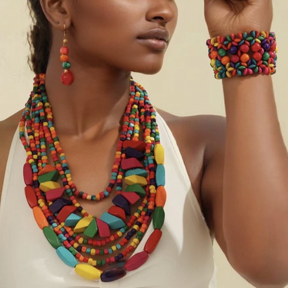 3pc Pierced silver, multi colored wood necklace, bracelet, earring set
